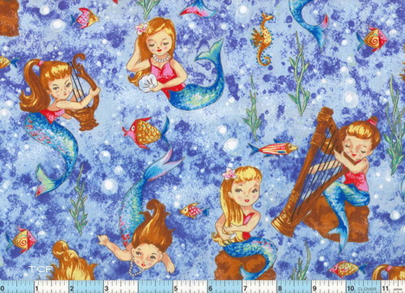 Mermaid Plays Lyre-Harp Cotton Fabric